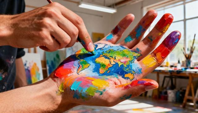Artist painting colorful world map on open palm with vibrant acrylic brushwork