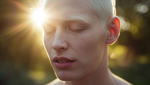 Basking shirtless male with bleached hair and brows, golden hour backlit headshot, sun flare