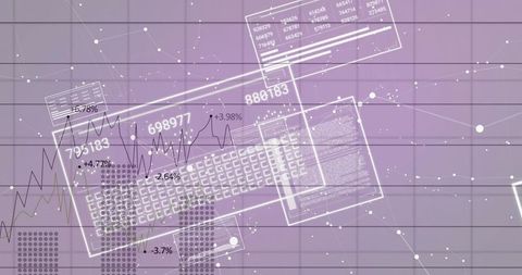 Displaying futuristic data dashboard with translucent gui, line charts on purple grid