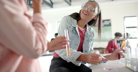 High school students performing chemistry experiment