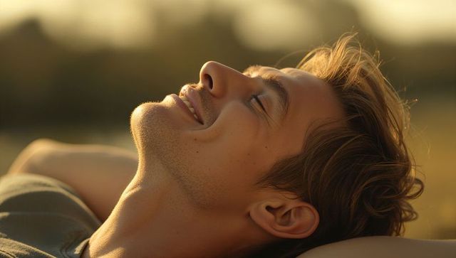 Young man reclining and basking in golden-hour light on grassy meadow, serene closeup