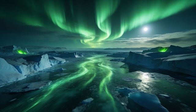 Aurora borealis dancing over arctic icefjord reflecting on frozen channel under moonlight