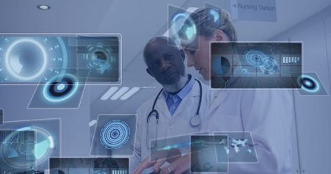 Futuristic Healthcare: Doctors Analyzing Holographic Data