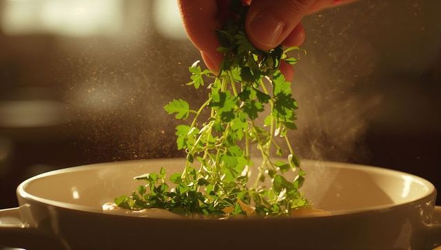 Hand adding fresh herbs to steaming bowl in sunlit kitchen