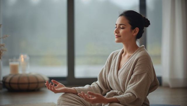 Asian woman meditating at home in beige knit robe by window with candlelight glow