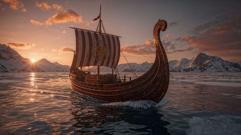 Viking longship navigates arctic fjord at glorious sunset