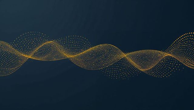 Golden particle wave ribbon flowing across dark blue background