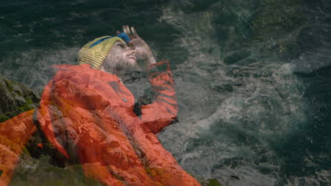 Hiker Relaxing Soaked in Captivating Ocean Landscape Fusion