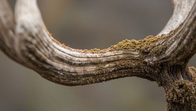 Curved woody vine showing growth rings and moss texture in macro close-up