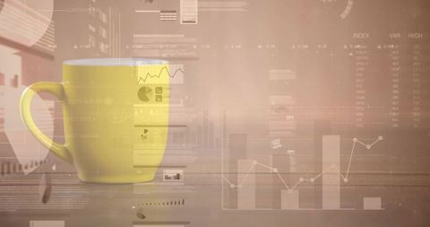 Yellow coffee cup on wooden table with transparent business charts and warm beige tone