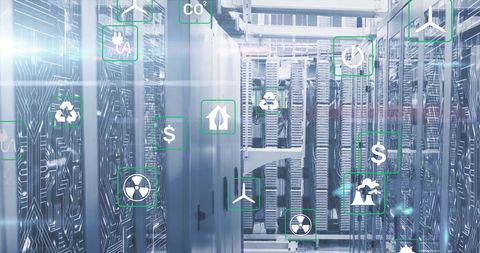 Eco Friendly Digital Icons Over Server Room Illustrating Data Processing - Download Free Stock Images Pikwizard.com