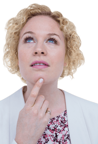 Transparent Thoughtful Blonde Woman Looking Up Contemplatively