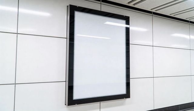 Backlit advertising lightbox displaying blank poster on glossy underground station wall