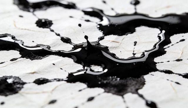 Glossy black ink crown splash on fibrous paper macro texture background