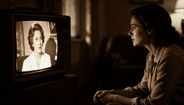Woman watching vintage television in sepia living room, contemplative retro cinematic scene