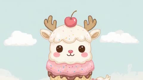 Looping Ice Cream Deer Mascot Blinking and Bobbing in Pastel Sky with Waffle Cone Bunny