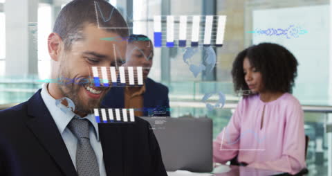 Business Team Analyzing Financial Data with Holographs in Office