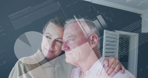 Senior Couple Embracing with Financial Graph Overlay at Home