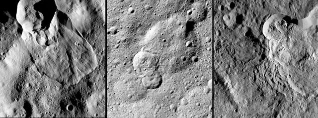 NASA's Dawn spacecraft has revealed many landslides on Ceres, which researchers interpret to have been shaped by a significant amount of water ice. A 2017 study in the journal Nature Geoscience classifies three types of these debris flows.  Image 1 (left in the montage) shows an example of "Type I" flow features, which are relatively round and large, have thick "toes" at their ends. They look similar to rock glaciers and icy landslides on Earth. Type I landslides are mostly found at high latitudes, which is also where the most ice is thought to reside near Ceres' surface.  Image 2 (center) shows an example of a "Type II" flow feature. Type II features are often thinner and longer than Type I, and are the most common type of landslide on Ceres. They appear more like the avalanches seen on Earth.  Image  3 (right) shows an example of a "Type III" flow feature at Datan Crater. The study authors interpret Ceres' Type III landslides to involve melted ice, although scientists do not know if they actually contain liquid water. The authors think Type III landslides are related to impact craters, and may have formed during impact events into the ice on Ceres. The features resemble fluid material ejected from craters in the icy regions of Mars and Jupiter's moon Ganymede.  https://photojournal.jpl.nasa.gov/catalog/PIA21471