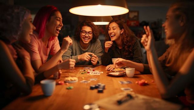 Group of friends laughing and playing cards during cozy game night around wooden table