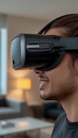 Young man reacting to VR headset, smiling and turning in cozy living room vertical video