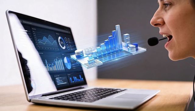 Female presenter wearing headset explaining remote data dashboard with 3d holographic charts