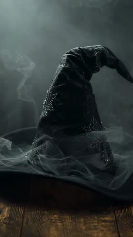Vertical video enchanted embroidered witch hat leaning in breeze with smoke swirling, magic