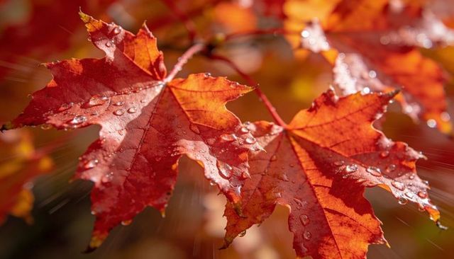 Red maple leaves catching dew drops backlit macro, vibrant autumn foliage close-up