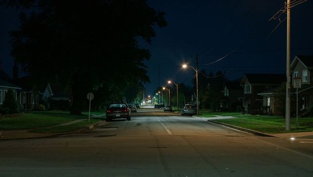 Empty suburban street at night with lamp posts stretching into distance and parked cars