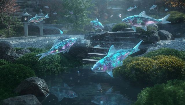 Glowing koi fish in enchanting japanese garden