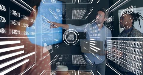 Pointing Leader Guiding Team Through Holographic Dashboards and Interactive Data Analytics