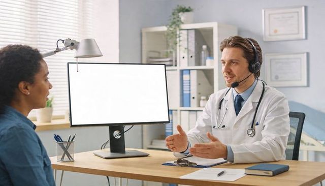 Doctor conducting telemedicine consultation with patient in modern clinic office environment