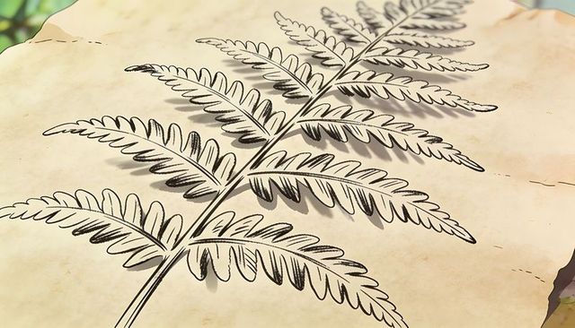 Hand-drawn fern frond on aged parchment with ink hatching and vellum texture
