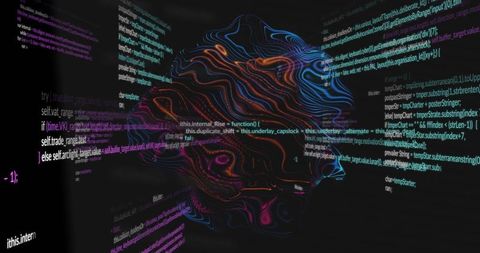 Rotating Neon Sculpture Forming Digital Face with Scrolling Code Panels, Futuristic Flow