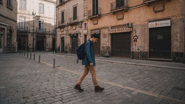 Young man walking on cobbled european street with backpack