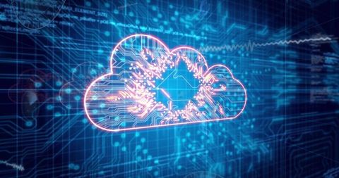 Glowing cloud computing circuit displaying microchip core and pulsing data waveform