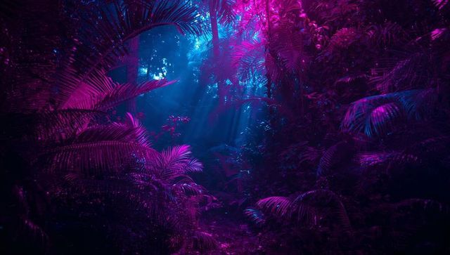 Mysterious neon glow in lush tropical jungle with colorful foliage