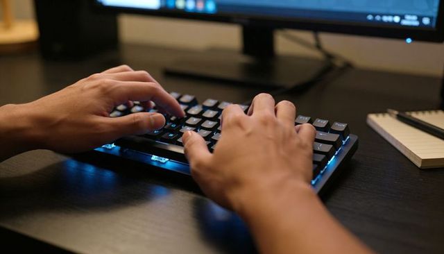 Hands typing on blue backlit mechanical keyboard at home workstation with monitor
