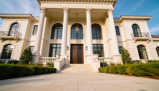 Showcasing neoclassical mansion portico with four columns, stone staircase and lantern