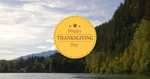 Happy Thanksgiving Day over Autumn Forest and River