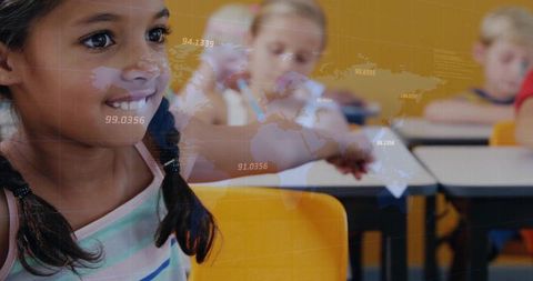 Eager Young Student Participating in Classroom Activity with Map Overlay