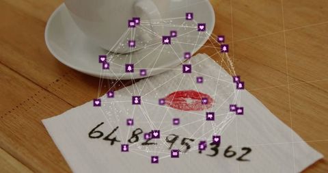 Kissed napkin moment: cafe ambiance with digital network overlay