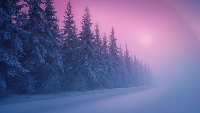 Snow-Covered Evergreens in Misty Pink Winter Dawn