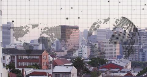 Global network overlaying urban skyline with dotted world map and digital globe