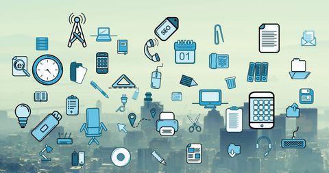 Modern technology icons overlay on cityscape background
