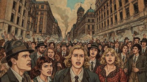 1930s Demonstration on Urban Street with Protestors in Suits