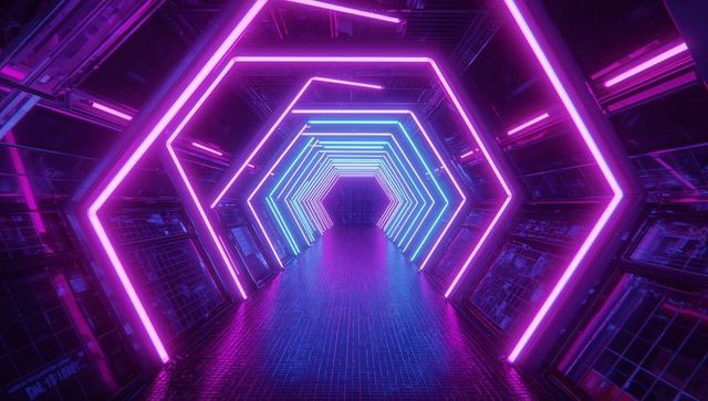 Futuristic neon portal with glowing hexagons and grid patterns