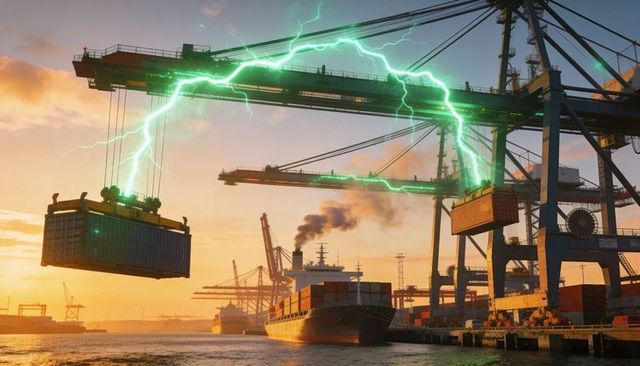 Electric arcs energizing gantry cranes at sunset over busy container port