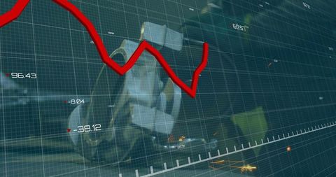 Industrial Machinery Dashboard with Red Trend Line, Telemetry Grid and Workshop Sparks