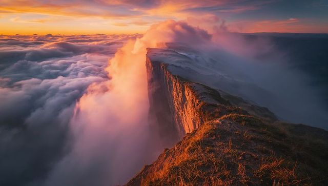 Golden hour mist and clouds over majestic cliff